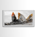 Rocky Cliffs, Orange Moss, Ocean Landscape, Coastal Vibe – Framed Canvas Print, Nature Wall Art, Fall Inspired Decor, Bathroom or Hallway