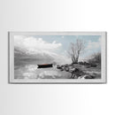 Solitary Boat, Alpine Lake, Tranquil Shore, Winter Silence – Canvas Print, Minimalist Wall Art, Bedroom Decor, Scandinavian Aesthetic