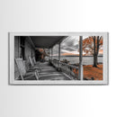 Lake Porch, Autumn Trees, Rocking Chairs, Sunset Serenity – Canvas Print, Fall Wall Art, Country Home Decor, Rustic Americana Landscape