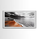 Sunset Shore, Moody Coastline, Crimson Reflections, Stormy Skies – Framed Canvas Print, Beach Wall Art, Coastal Living Room Decor