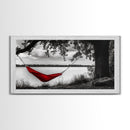 Red Hammock, Lakeside View, Tranquil Nature, Tree Shade, Framed Canvas Print, Boho Wall Art, Bedroom Decor, Relaxing Forest Landscape