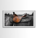 Western Saddle, Leather Detail, Horseback Art, Rustic Charm, Framed Canvas Print, Cowboy Wall Art, Farmhouse Decor, Equestrian Living Room