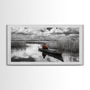 Solitary Canoe, Peaceful Waters, Cloudy Sky, Red Shirt, Framed Canvas Print, Nature Explorer Gift, Cabin Wall Art, Rustic Fall Scene