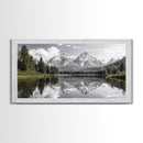 Serene Lake, Snowy Peaks, Forest Reflection, Canvas Print, Nature Photography, Modern Living Room Art, Black White Green Decor