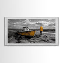 Yellow Boat, Lonely Man, Moody Shore, Framed Canvas Print, Coastal Wall Art, Nautical Decor, Masculine Home Office Style