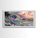 Neon Wave, Tropical Sunset, Bold Ocean Art, Framed Canvas Print, Color Pop Wall Decor, Surfer Room Style, Coastal Vibe Art