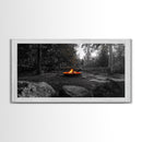 Forest Campfire, Glowing Flames, Outdoor Retreat, Cozy Autumn, Framed Canvas Print, Rustic Wall Decor, Fall Living Room Art, Nature Scene