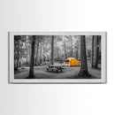 Yellow Tent, Forest Camping, Wilderness Escape, Outdoor Living, Framed Canvas Print, Fall Bedroom Art, Minimalist Nature, Hiking Vibes