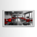 Red Chairs, Modern Cafeteria, Retro Seating, Pop Color Dining, Canvas Print, Kitchen Wall Art, Urban Minimalism, Bold Office Decor