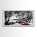 Red Picnic Table, Lakeside Spot, Forest Escape, Outdoor Moment, Framed Canvas Print nature wall art, rustic cabin decor, adventure print
