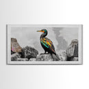 Vibrant Sea Bird, Colorful Wildlife Perch, Artistic Bird Feathers, Framed Canvas Print, Nature Wall Art, Office Decor, Boho Animal Style