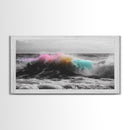 Rainbow Ocean Wave, Vibrant Sea Spray Art, Color Explosion Surf, Framed Canvas Print, Bathroom Wall Art, Coastal Modern Abstract