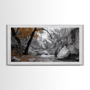 Autumn Stream, Orange Leaves, Waterfall Path, Framed Canvas Print, Fall Wall Art, Rustic Living Room Decor, Seasonal Nature Photography