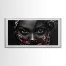 Fierce Eyes, Red Bandana, Bold Portrait, Afro Art, Framed Canvas Print, Bedroom Wall Art, Powerful Gaze, Monochrome With Red Accent