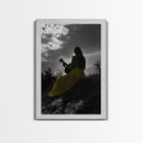 Yellow Dress, Guitar Girl, Sunset Silhouette Scene, Framed Canvas Print, Boho Music Lover Wall Art, Bedroom Fall Vibes Decor