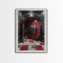 Red Vault Door, Industrial Style, Bold Security, Framed Canvas Print, Urban Interior Wall Art, Game Room Decor, Steampunk Vibes
