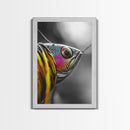 Colorful Lure, Fishing Hook, Bold Scales, Rainbow Detail, Framed Canvas Print, Man Cave Art, Fishing Decor, Vibrant Realism Wall Art