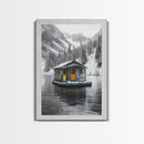 Winter Cabin, Floating House, Snowy Pines, Mountain Lake, Canvas Print, Minimalist Winter Wall Art, Cabin Decor, Neutral Nature Scene