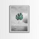 Monstera Leaf, Ocean Breeze, Tropical Minimalism, Floating Leaf, Framed Canvas Print, Modern Bathroom Art, Boho Decor, Tropical Wall Art