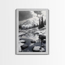 Snowy Mountain, Winter Landscape, Reflection Lake, Canvas Print, Black and White Nature Art, Cabin Wall Art, Adventure Photography
