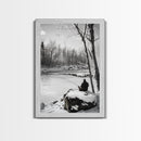 Winter Fishing, Snowy River, Peaceful Solitude, Canvas Print, Cabin Wall Art, Rustic Outdoor Decor, Black White Nature Photography