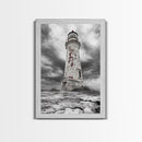 Rustic Lighthouse Shore, Weathered Tower Art, Stormy Coast Scene, Moody Seaside, Framed Canvas Print, nautical bathroom or den wall decor