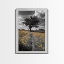 Yellow Meadow, Tree Path, Sunny Flowers, Autumn Framed Canvas Print, Field Landscape Wall Art, Nature Lover Decor, Boho Fall Vibes