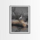Egret Bird Scene, Autumn Riverbank, Wildlife Nature Print, Moody Wetland Landscape, Framed Canvas Print, Rustic Living Room Wall Art