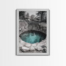 Hidden Spring Pool, Stone Garden Scene, Tranquil Nature Print, Zen Wall Decor, Framed Canvas Print, Minimalist Bathroom Wall Art