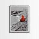 Red Cloaked Solitude, Minimalist Seashore, Peaceful Hooded Figure, Framed Canvas Print, Meditation Room Art, Surreal Photography