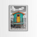 Colorful Beach Hut, Surf Shack, Coastal Cabin, Framed Canvas Print, Tropical Wall Art, Living Room Decor, Bright Summer Home Style