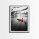 Red Shark, Underwater Scene, Ocean Light Rays, Color Contrast, Canvas Print, Modern Marine Art, Bathroom Wall Art, Nautical Style
