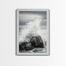 Ocean Splash, Rocky Coast, Dramatic Seascape, Monochrome Power, Framed Canvas Print, Coastal Wall Art, Entryway or Office Decor