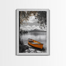 Lake Rowboat, Serene Waters, Mountain Reflection, Framed Canvas Print, Minimalist Nature Art, Living Room Wall Art, Tranquil Landscape