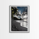 Sunset Beach, Rocky Coast, Dramatic Sky, Bold Light, Framed Canvas Print tropical sunset wall art, beach photography, bathroom decor