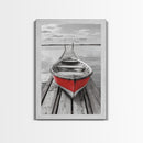 Red Rowboat, Dock Stillness, Minimalist Lake Scene, Canvas Print, Nautical Wall Art, Bathroom Decor, Tranquil Seascape, Coastal Aesthetic