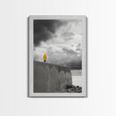 Yellow Raincoat, Ocean Storm, Moody Skies, Framed Canvas Print, Minimalist Wall Art, Coastal Entryway Decor, Contemplative Scene