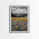 Yellow Wildflowers, Mountain Field, Blooming Meadow, Framed Canvas Print, Nature Photography, Rustic Decor, Dining Room Wall Art