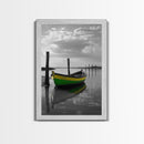 Green Yellow Boat, Serene Reflection, Dockside Calm, Framed Canvas Print, Coastal Bedroom Decor, Minimal Nautical Wall Art