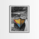 Rustic Canoe, Weathered Paint, River Adventure Art, Framed Canvas Print, Cabin Wall Decor, Color Pop Nature Photography