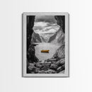 Yellow Boat, Mountain Lake, Serene Fjord Scene, Framed Canvas Print, Minimalist Wall Art, Nature Landscape, Scandinavian Decor