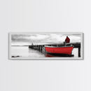 Red Boat Dock, Lonely Harbor View, Seaside Silence, Framed Canvas Print, Nautical Wall Art, Beach House Decor, Moody Coastal Vibes