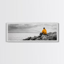 Peaceful Angler View, Yellow Hoodie Fisherman, Canvas Print, Minimalist Seaside Wall Art, Coastal Living Room Art, Fishing Lover Gift