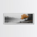 Foggy Riverbank Tree, Orange Fall Tree, Framed Canvas Print, Autumn Nature Scene, Moody Landscape Wall Art, Rustic Bedroom Decor