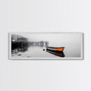 Harbor Rowboat Reflection, Foggy Dock Scene, Framed Canvas Print, Coastal Minimalist Wall Art, Seaside Entryway Decor, Moody Ocean Art
