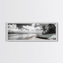 Tropical Boat, Deserted Beach, Palms and Clouds, Ocean Peace, Framed Canvas Print, Boho Wall Art, Bedroom Decor, Seaside Minimalism