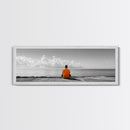 Orange Jacket, Solitude Man, Sea Gaze, Minimal Mood, Framed Canvas Print, Office Wall Art, Modern Decor, Reflective Photography