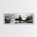 Sea Stacks, Rocky Shore, Golden Moss, Framed Canvas Print, coastal wall art, moody ocean print, beach house decor, nature photography