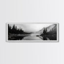 Foggy Pines, Mountain Reflection, Monochrome Wilderness, Canvas Print, black and white wall art, cabin decor, minimalist forest scene