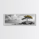 Lone Tree Cliff, Windy Ocean View, Golden Branches, Canvas Print, Moody Landscape Art, Neutral Tones, Office Wall Decor, Minimalist Style